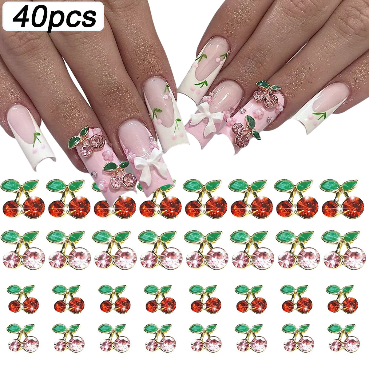 Nail Art Red Cherry - เพชรตกแต่งเล็บ 3 มิติ สีชมพูและสีแดง 40 ชิ้น