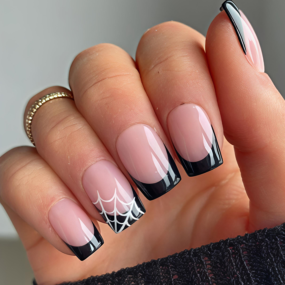 Nail Art Jelly - 24 ชิ้น เล็บปลอมลายฮาโลวีน สีชมพู ลายผีน่ารัก ลายใยแมงมุม