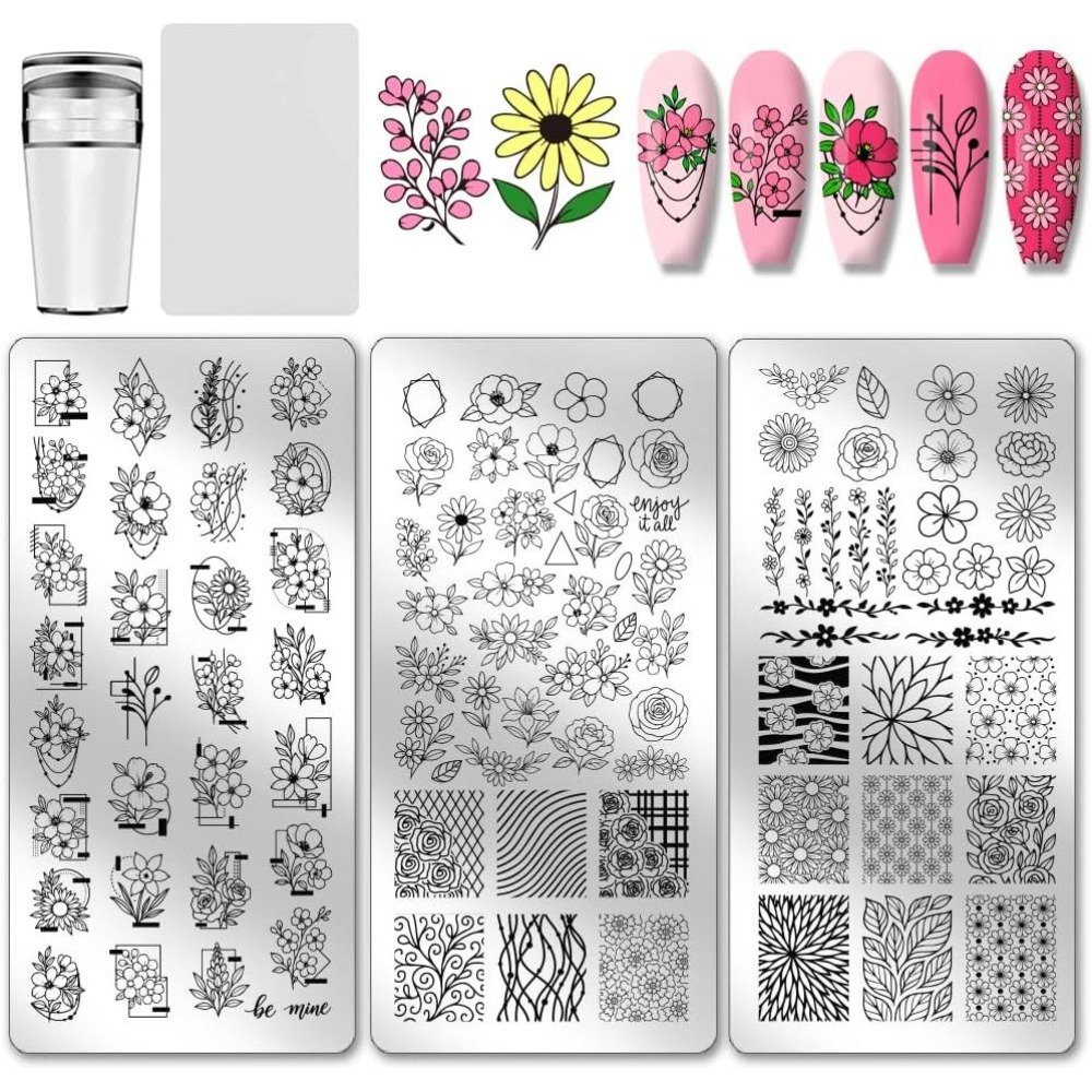 Nail Art Inspo - แผ่นปั๊มลายเล็บลายดอกไม้ 3 ชิ้น แผ่นลายเล็บลายใบไม้ ธีมพืชพรรณ ลายฉลุสำหรับออกแบบเล็บ