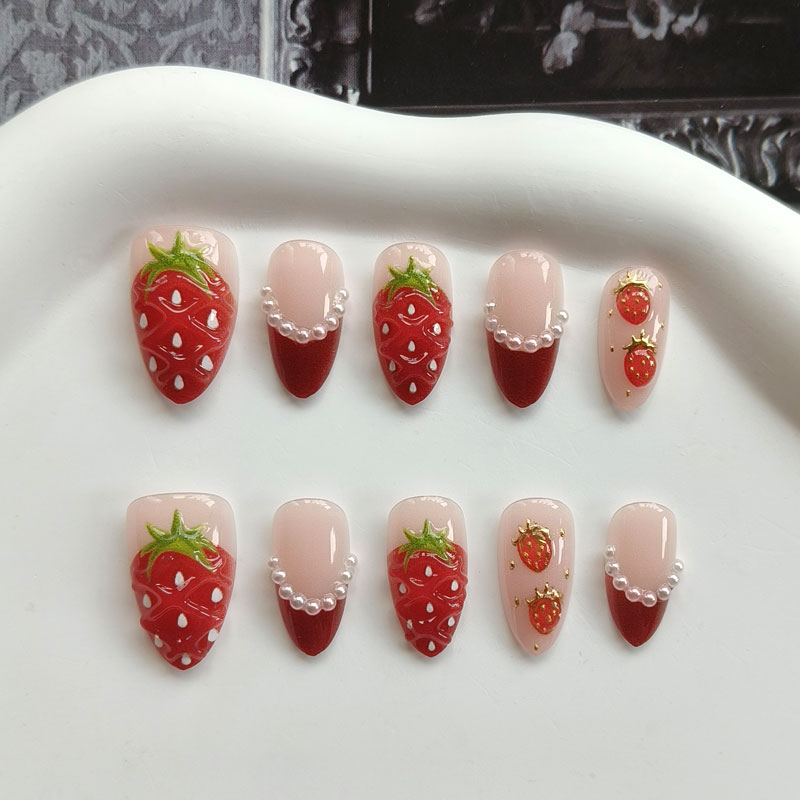 Nail Art Gold - 10 ชิ้น เล็บปลอมสำเร็จรูปสไตล์ฝรั่งเศสสำหรับผู้หญิง ลายสตรอว์เบอร์รี 3 มิติ