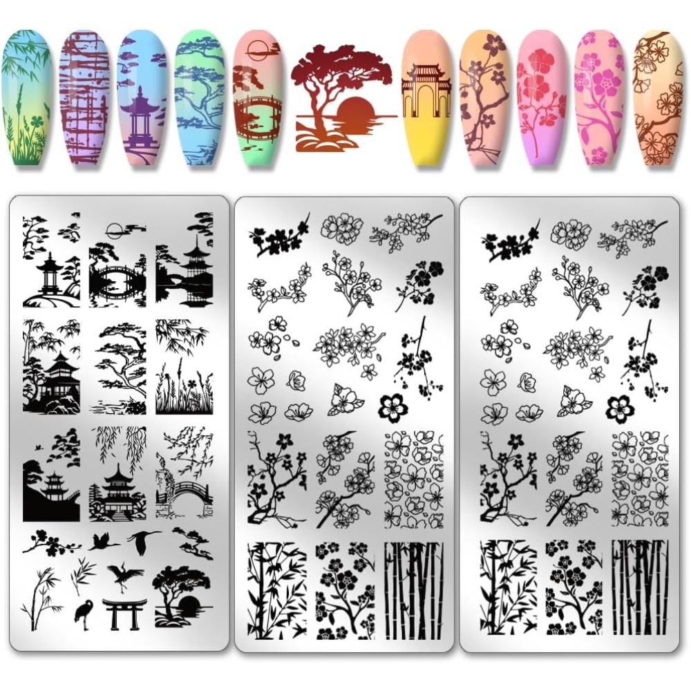 Nail Art Inspo - 3ชิ้นคลาสสิกจีนสวนเล็บแม่แบบสไตล์โบราณเล็บปั๊มแผ่นศาลาพลัมดอกเล็บS Tencils