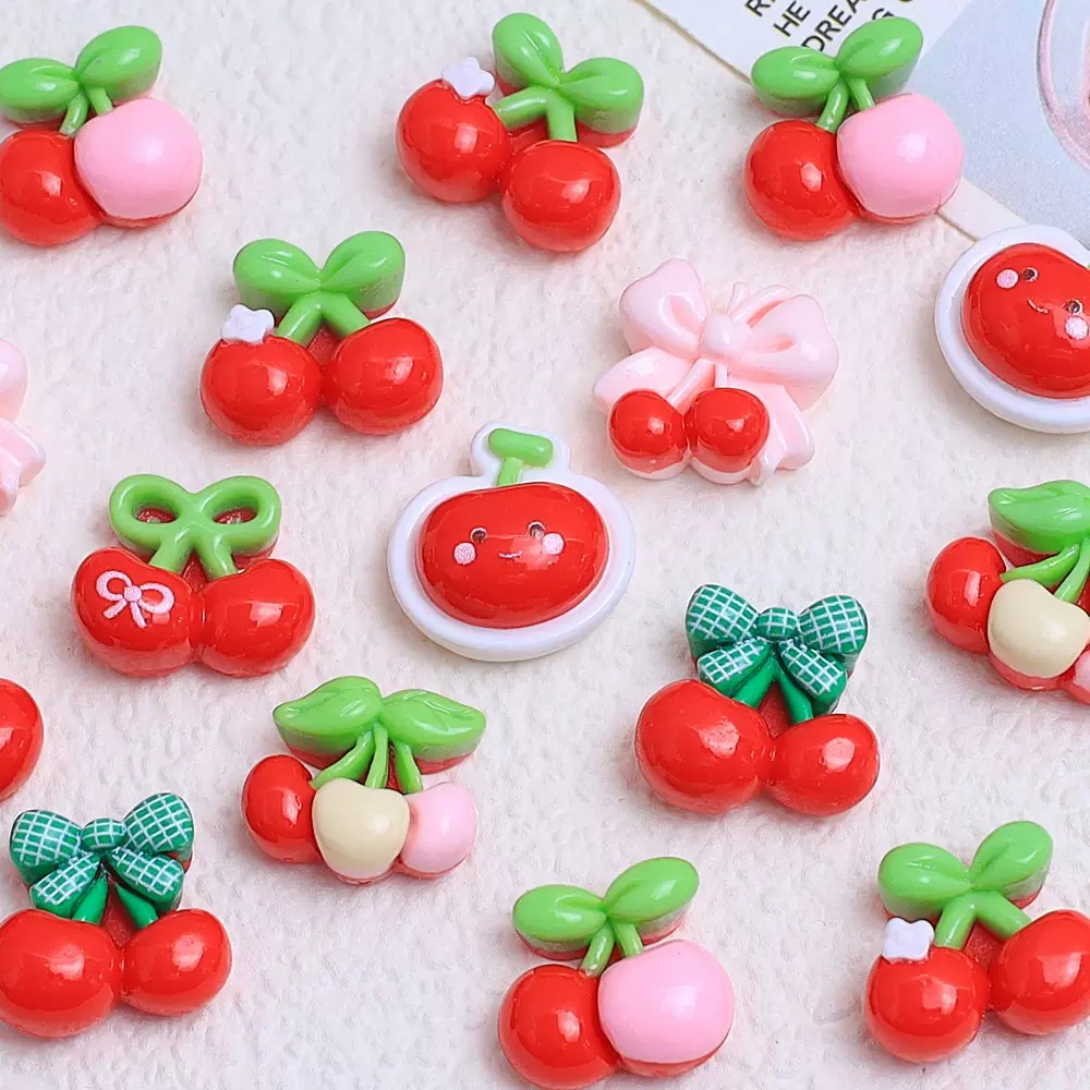 Nail Art Red Cherry - 20 ชิ้นน่ารัก Mini การ์ตูนต่างๆสีแดงเชอร์รี่เล็บเรซิ่น Designer Charms