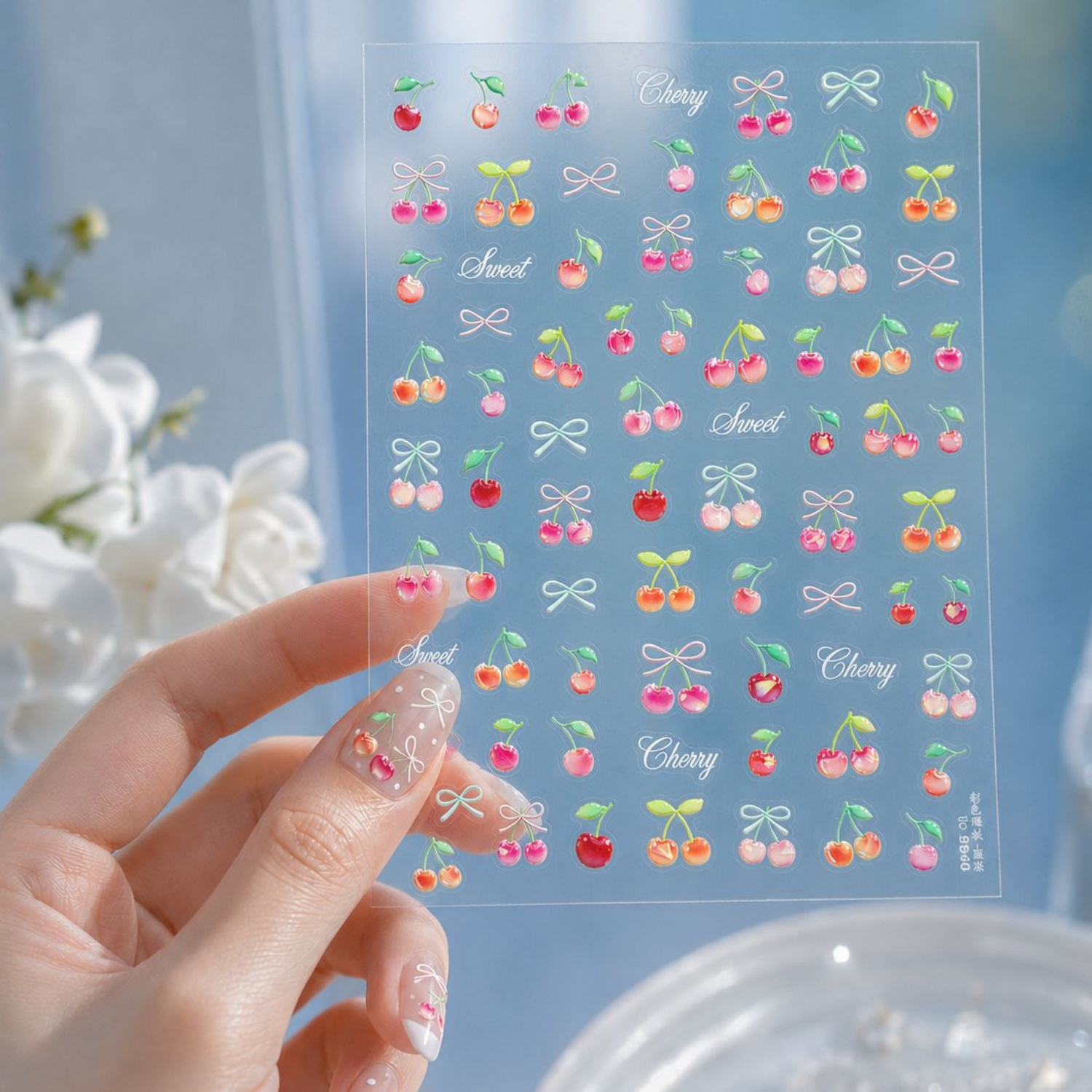 Nail Art Red Cherry - สติ๊กเกอร์ติดเล็บ 5D ลายเยลลี่น่ารัก ผลไม้ใส ลายเชอร์รี่สีแดงคู่ โบว์น่ารักสดใส
