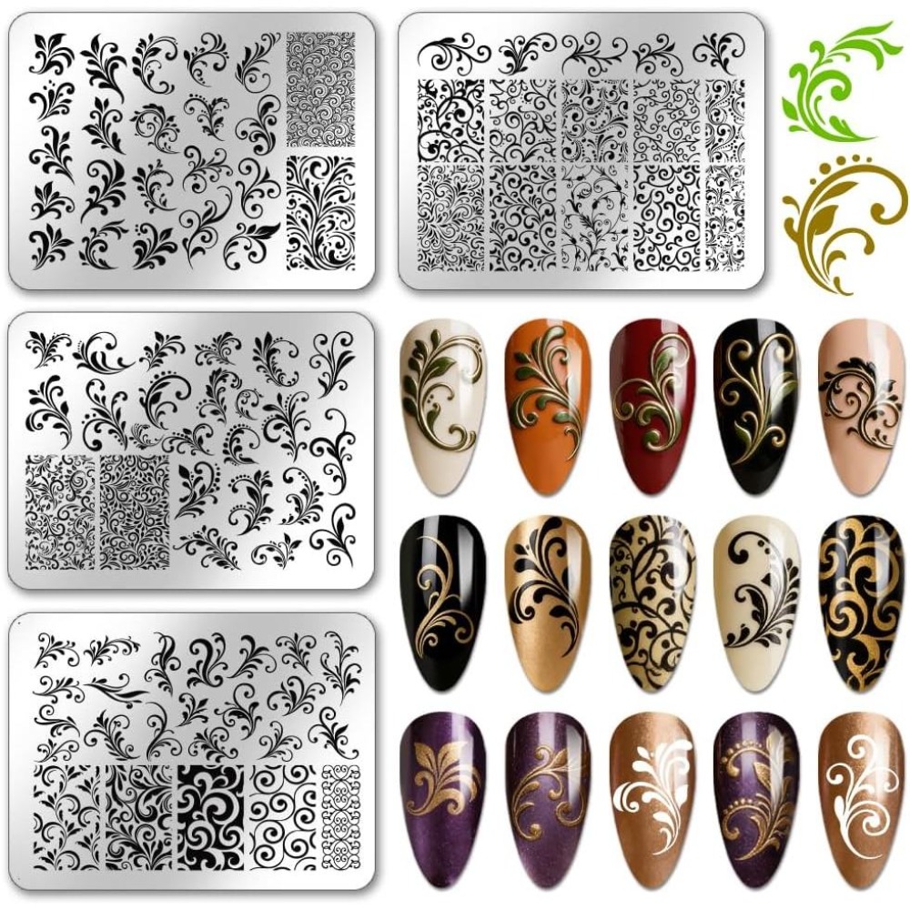 Nail Art Inspo - แผ่นปั๊มลายเล็บลายหมุน 4 ชิ้น แม่แบบศิลปะเล็บแบบฝรั่งเศส แผ่นลายดอกไม้ แผ่นลายใบไม้