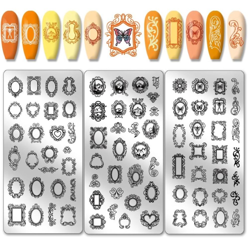 Nail Art Inspo - แผ่นปั๊มลายเล็บลายกรอบรูปวินเทจ 3 ชิ้น แบบผสมลายกรอบรูปและวิวทิวทัศน์ แม่แบบลายเล็บ แผ่นลายเล็บ