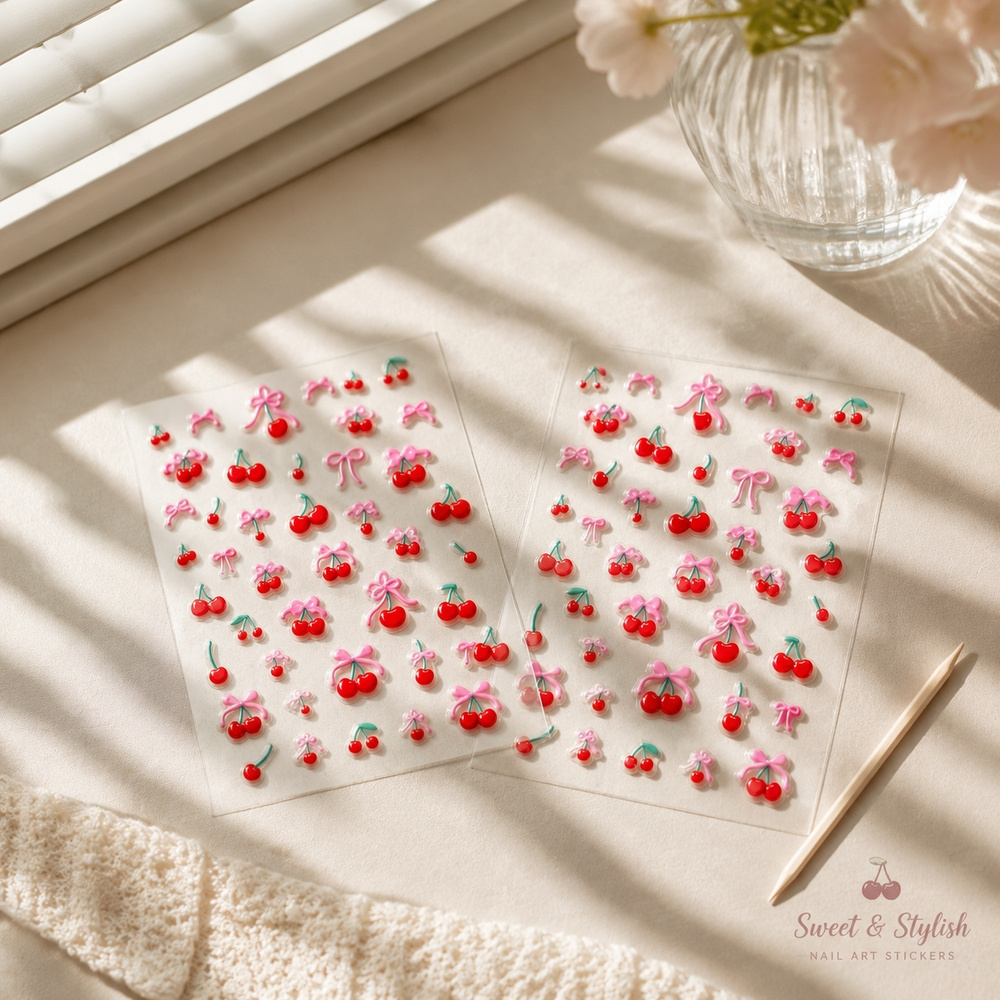 Nail Art Red Cherry - สติ๊กเกอร์ติดเล็บ 1 แผ่น สไตล์ Y2K ลายเชอร์รี่แดง