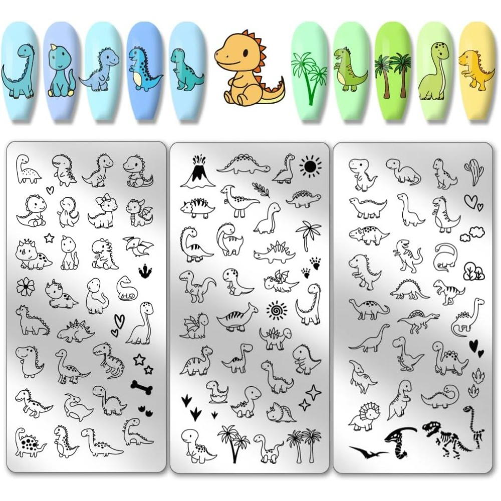 Nail Art Inspo - 3 ชิ้นไดโนเสาร์แผ่นปั๊มเล็บไดโนเสาร์น้อยน่ารักเล็บแม่แบบ Love Sun Plant Stencils