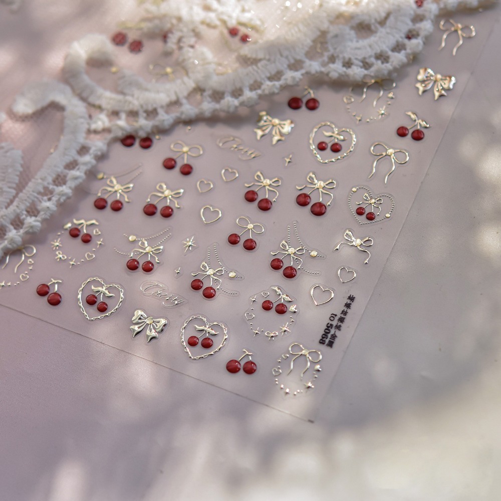 Nail Art Red Cherry - สติกเกอร์ติดเล็บ 5 มิติ ลายโบว์ ผลไม้สีแดง สตรอว์เบอร์รี