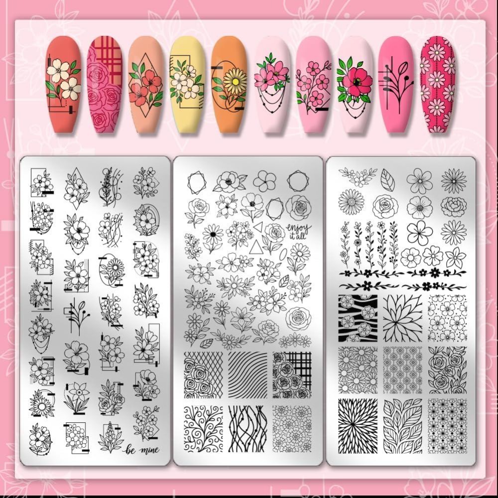 แผ่นปั๊มลายเล็บลายดอกไม้ 3 ชิ้ - Nail Art Inspo บทวิจารณ์และราคา