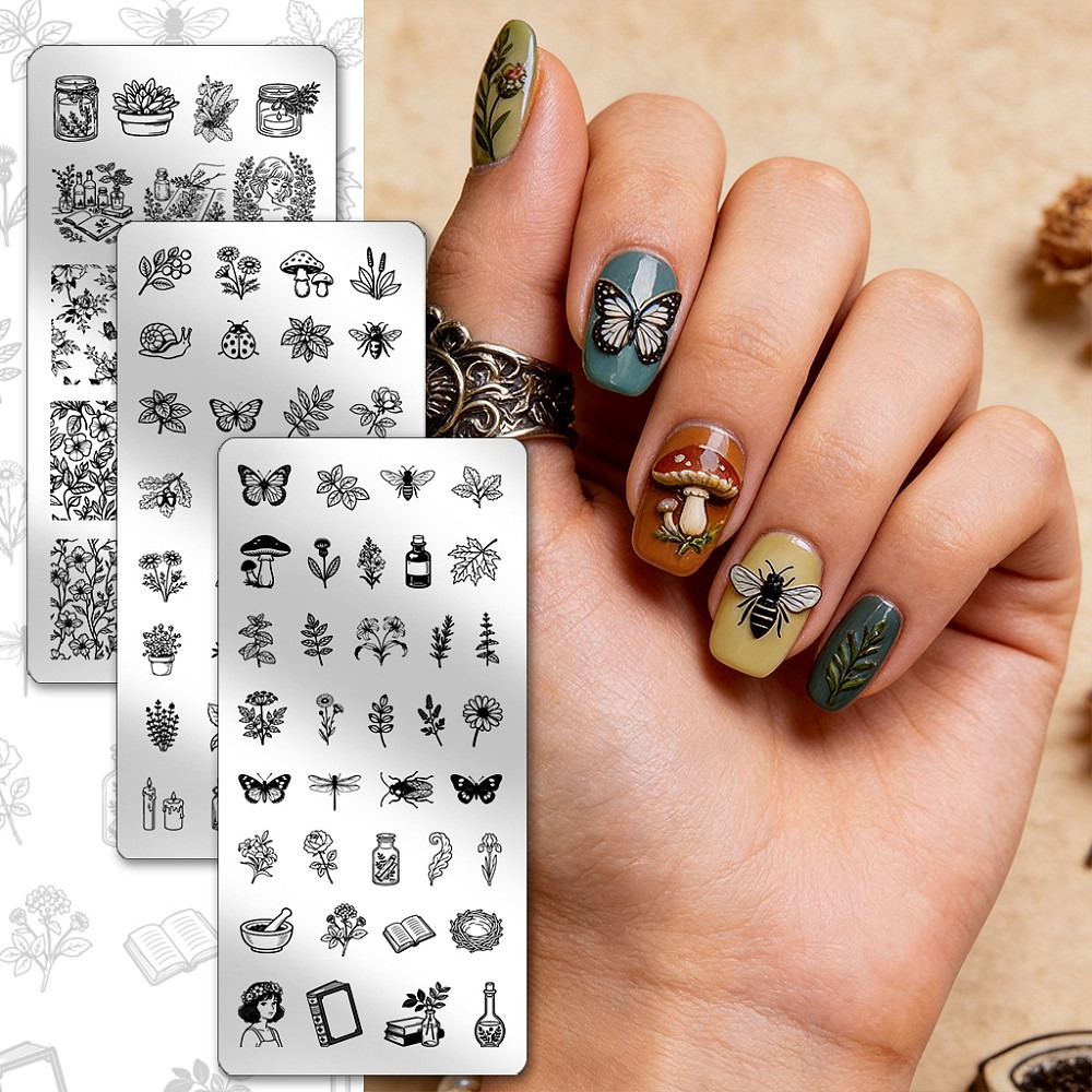 แผ่นปั๊มลายเล็บลายแมลงและพืช 3 - Nail Art Inspo บทวิจารณ์และราคา
