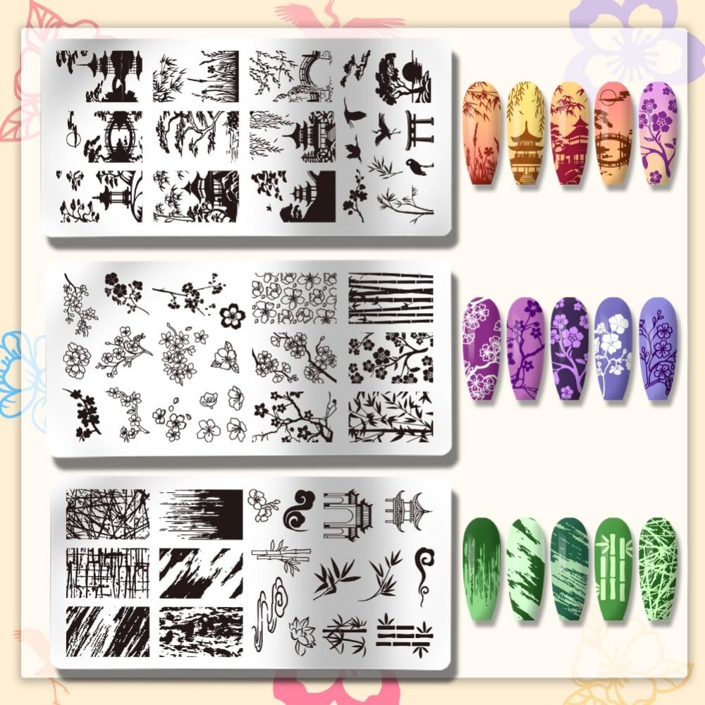 3ชิ้นคลาสสิกจีนสวนเล็บแม่แบบสไ - Nail Art Inspo บทวิจารณ์และราคา