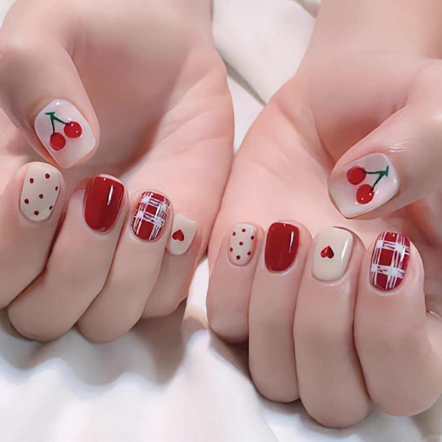 เล็บปลอมทรงสี่เหลี่ยมสั้นสำหรั - Nail Art Red Cherry บทวิจารณ์และราคา